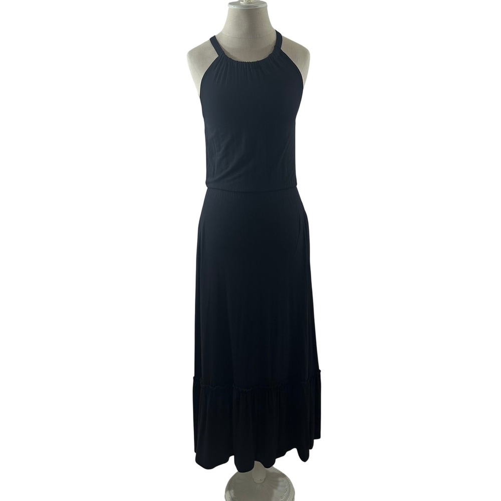Nicole Miller New York Black Halter‎ Maxi Dress Womens XS Pockets Tiered Ruffle